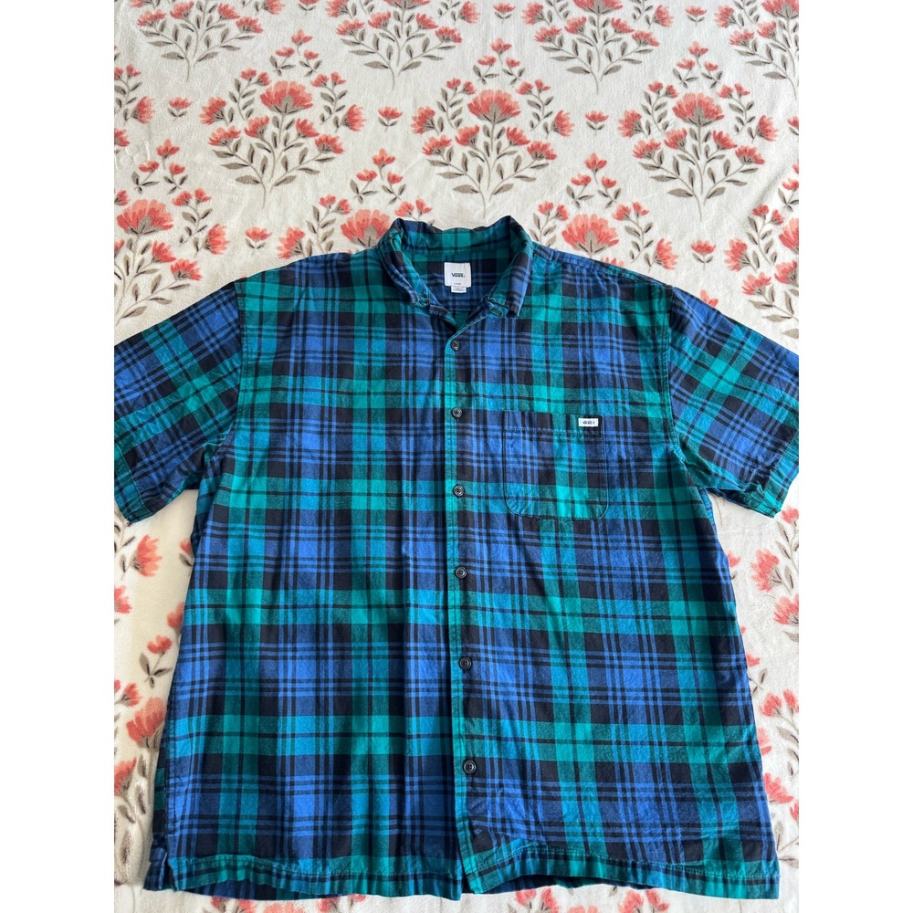 Vans Mens Large Loose Fit Plaid Short Sleeve Button Down Shirt Blue Green Cotton